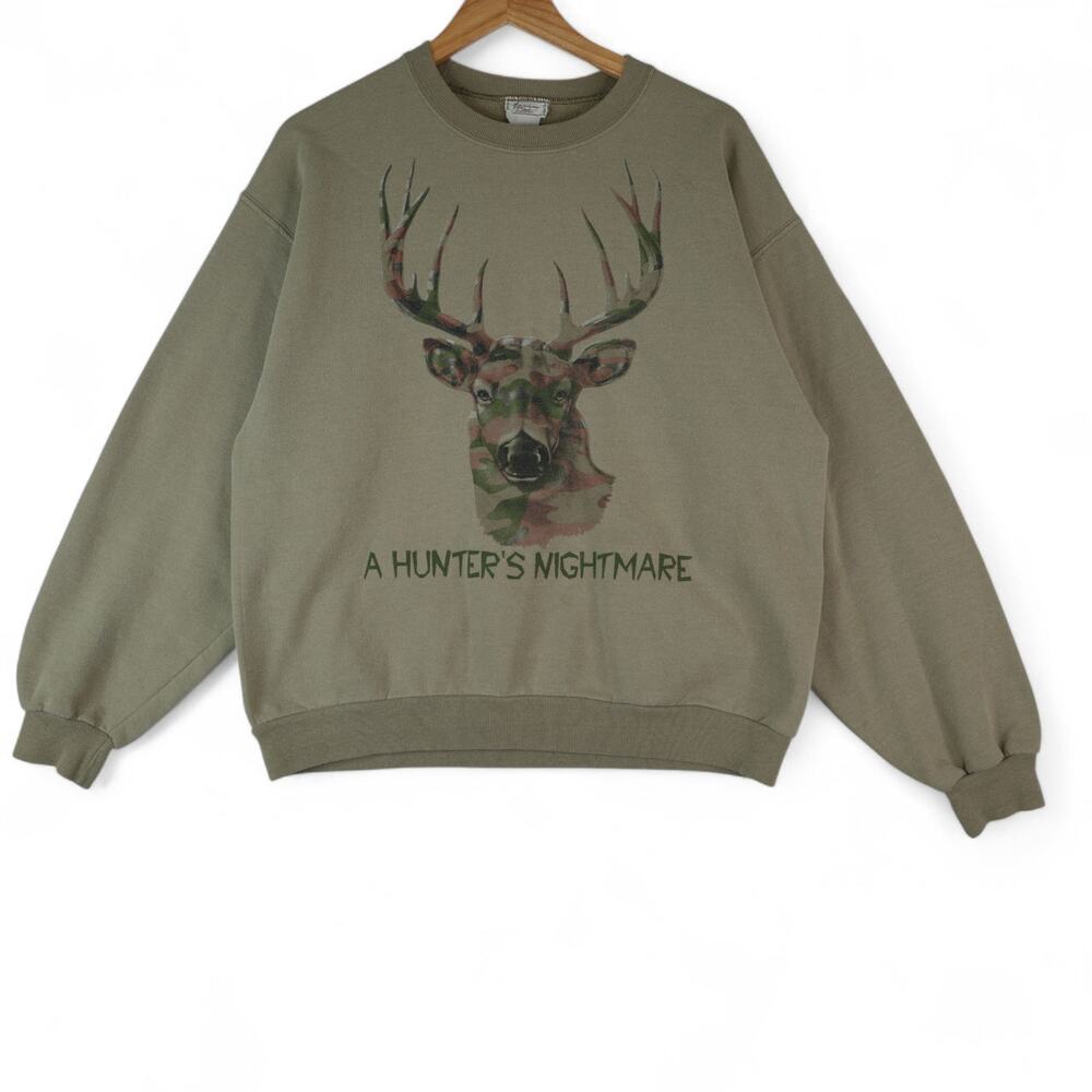 Vintage 90s American Tradition Sweater‎ Mens L Hunters Nightmare Camo Buck Deer